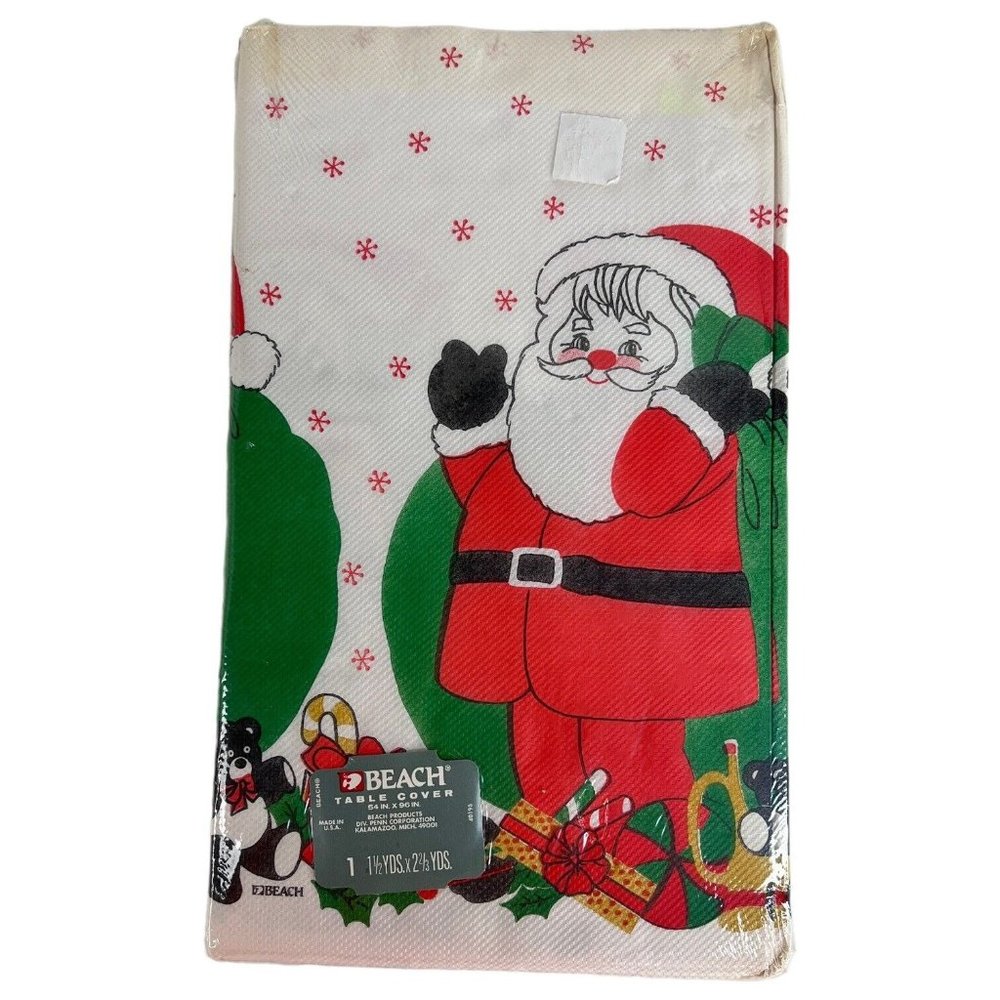 Vintage Christmas Table Cover Beach Santa Claus Toy Tablecloth Paper New 54”x96”